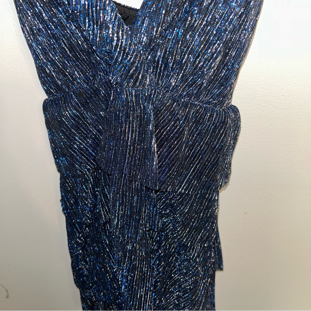 Lulus Glowing Gorgeous Blue Multi Metallic Tiered Mini Dress NEW - Picture 4 of 7